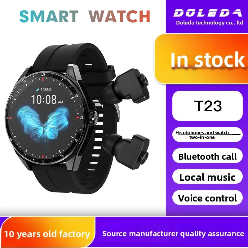 T23 2-in-1 Smartwatch & TWS Earbuds – IP68 Waterproof IPS Display with Music & Call Control